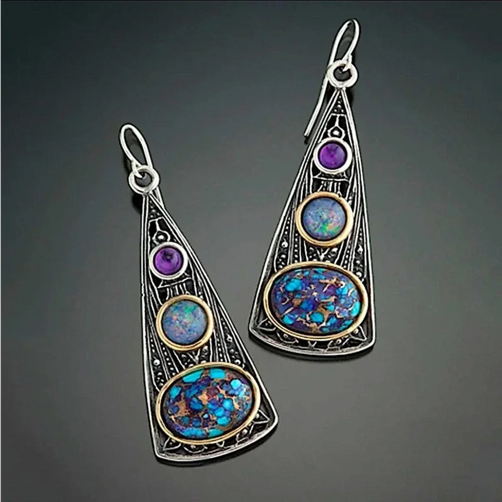 Vintage Handmade Boho Earrings, Silver Geometric - Picture 3 of 6